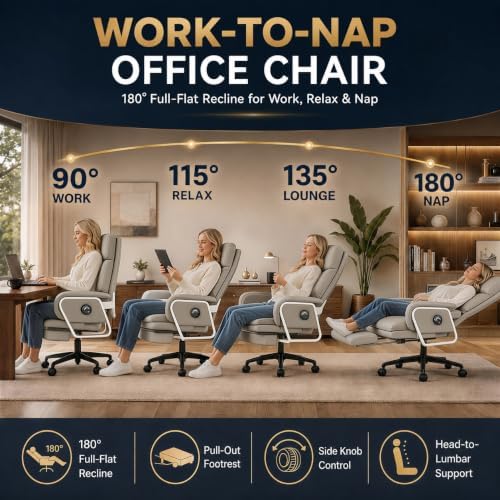 180° Reclining Office Chair with Footrest, PU Leather, Gray
