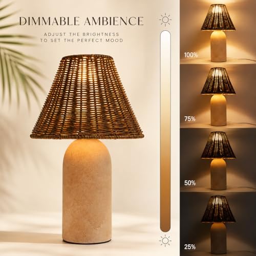 14" Small Mini Wicker Table Lamp – Handmade Ceramic Base with Rattan Sha...