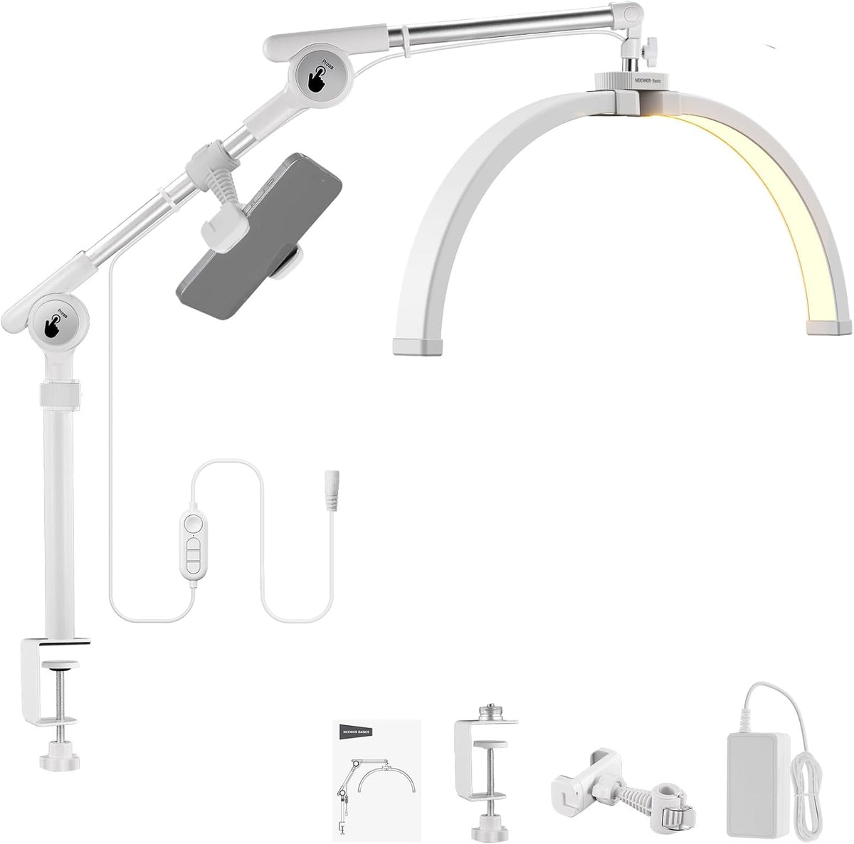 NEEWER Basics 22" Half Moon Lash Light with Articulating Desk Clamp Moun...