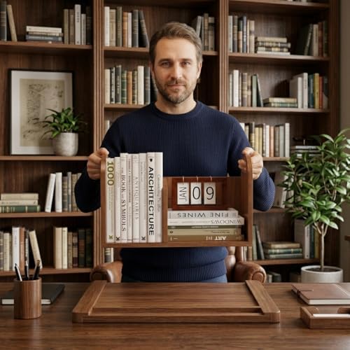 100% Solid Wood Adjustable Desktop Bookshelf, Retro Tabletop Book Shelf File ...