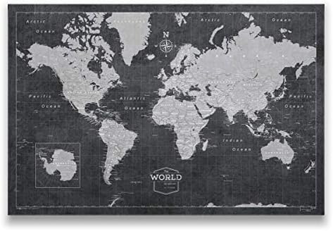 Conquest Maps World Travel Map with Pins Modern Slate Style Push Pin Travel M...