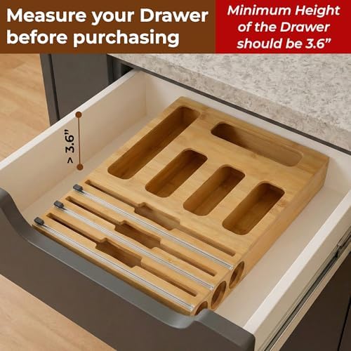 9-in-1 Bamboo Kitchen Drawer Organizer - Storage Bag Holder with Built-In Foi...