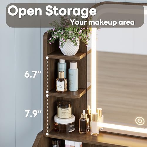 LIKIMIO Small Vanity Desk with Mirror Lights and Storage Stool