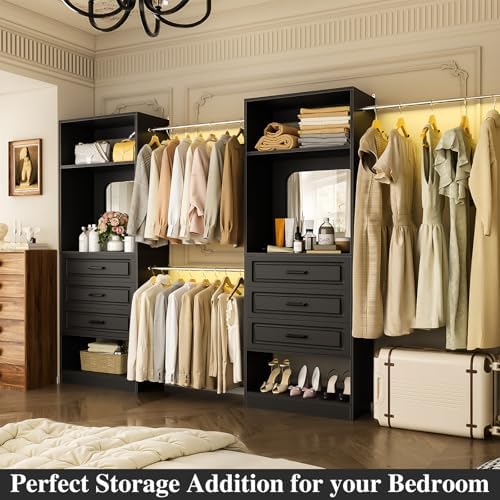 Unikito 6-14FT Wood Closet System with 6 Drawers and Mirror, Black
