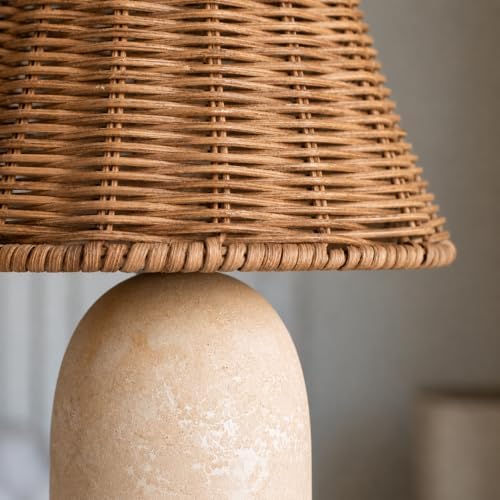 14" Small Mini Wicker Table Lamp – Handmade Ceramic Base with Rattan Sha...