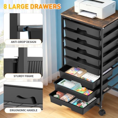 SUNALLY Rolling Cart With 8 Drawers,Storage Drawer Cart for Craft Art,Black