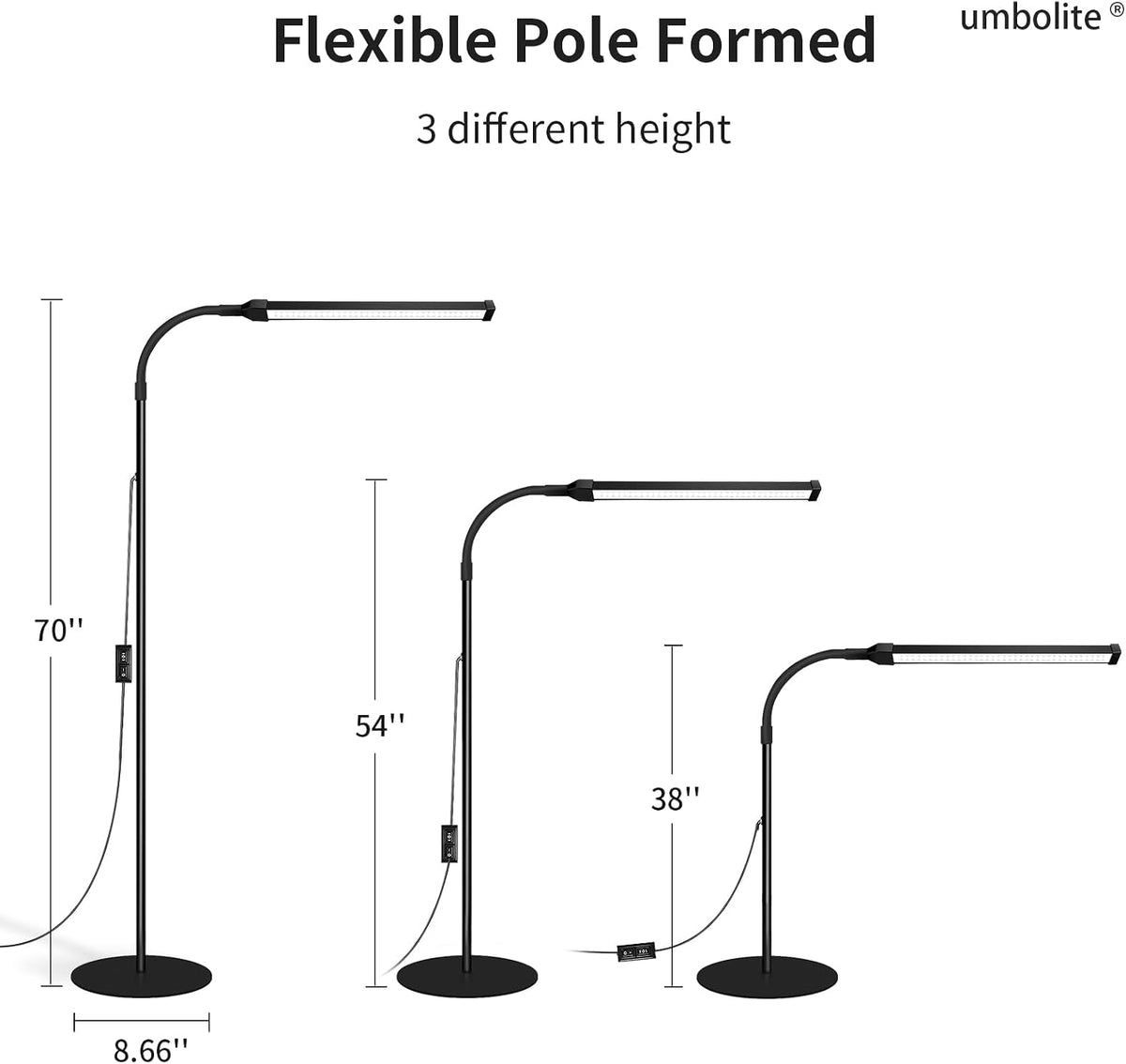 Lash Light, LED Floor Lamp, Reading Floor Lamp, Adjustable Gooseneck, 3 Heigh...