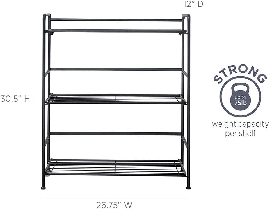 Folding Metal Bookcase, 3 Shelves, Wide, Black