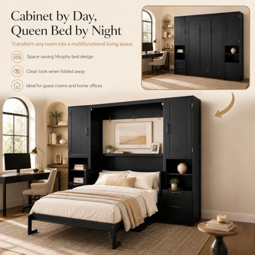 Queen Murphy Bed Cabinet with Desk & Storage, Wall Bed Cabinet Bed with C...