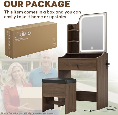 LIKIMIO Small Vanity Desk with Mirror Lights and Storage Stool