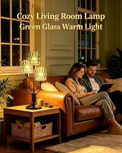 Mid Century Modern Green Glass Table Lamp Dimmable 3 Bulbs Included
