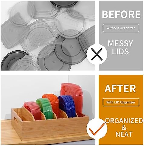 Bamboo Lid Holder Food Container, Kitchen Organizer with 5 Adjustable Divider...
