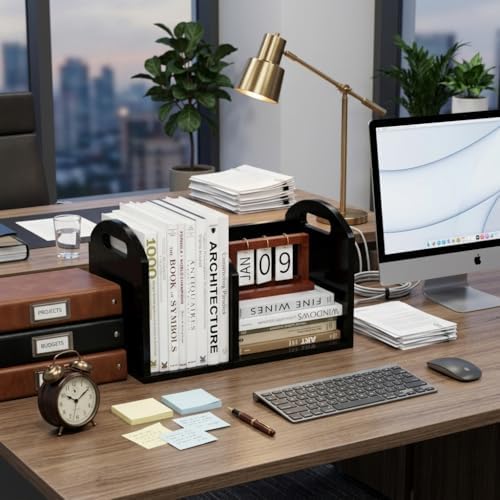 100% Solid Wood Adjustable Desktop Bookshelf, Retro Tabletop Book Shelf File ...