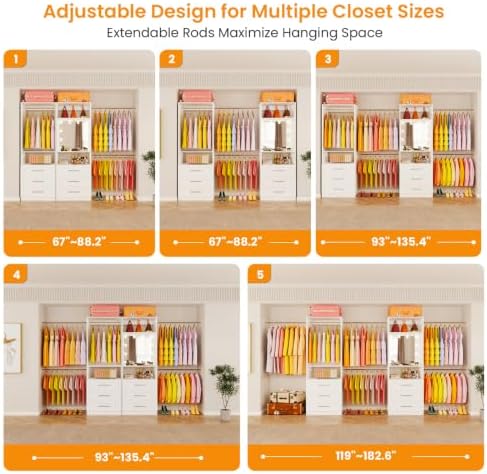 Closet System with 2 Sets, 4FT-15FT Closet Organizer System with 6 Drawers &a...
