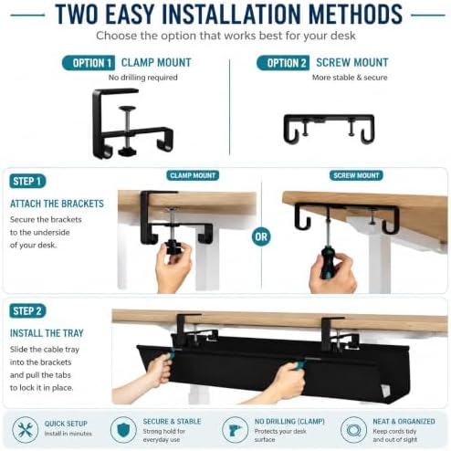 No Drill Under Desk Cable Management Tray, 90cm Power Strip Cord Organizer