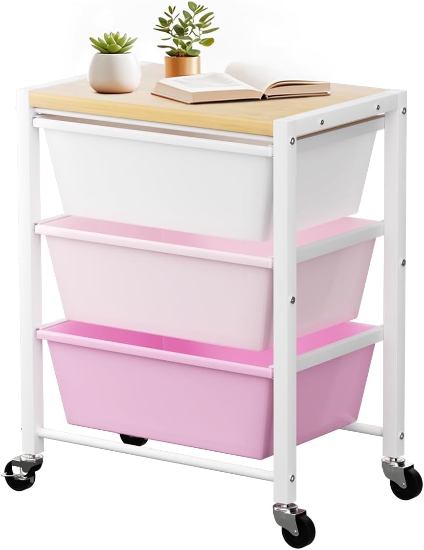 Rolling Cart with 3 Drawers, Plastic Drawer Storage Carts with Lockable Wheel...