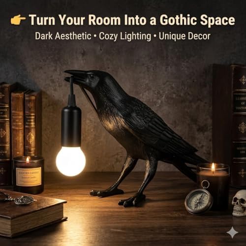 Shandaglo Raven Lamp Gothic Decor, Black Crow Table Light with LED Bulb E12