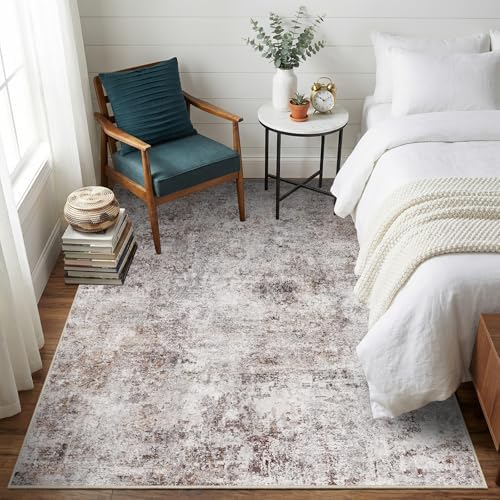 4x5 Washable Area Rug: Wide Abstract Neutral Entryway Carpet GrayCream