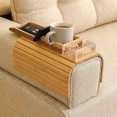 Bamboo Couch Armrest Table, 2-in-1 Foldable Sofa Arm Tray with Scratch-Free P...