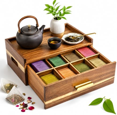Acacia Wood Tea Bag Organizer 8 Compartment Storage Box & Organizer with ...