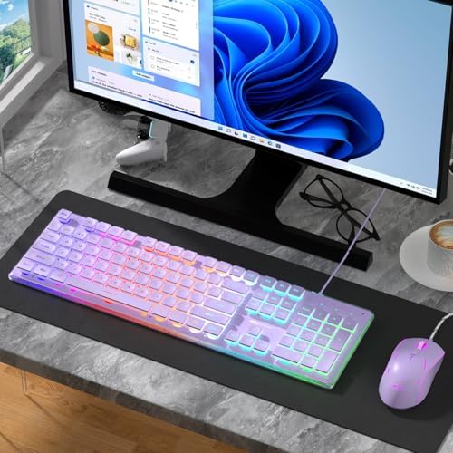 Camiysn Creamy Gaming Keyboard and Mouse, Purple 104 Keys RGB and 6 Speed RGB...