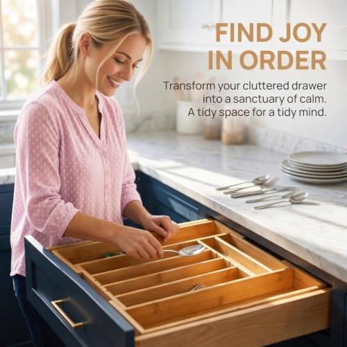 Bamboo Kitchen Silverware Drawer Organizer (DIY Slot, Natural)