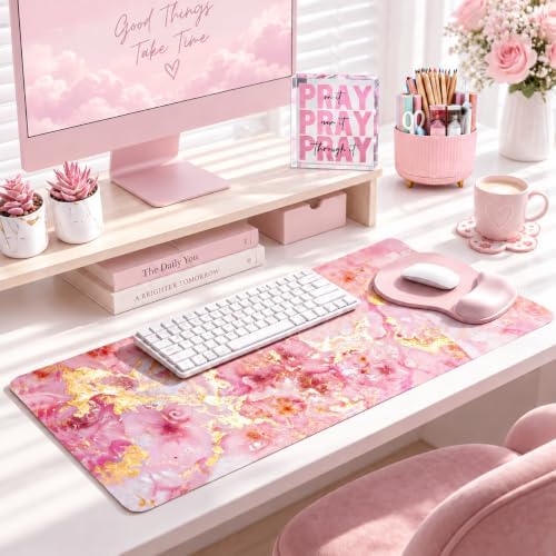 Pink Desk Decor Set of 7, PU Leather Desk Mat Set, Office Decor for Women