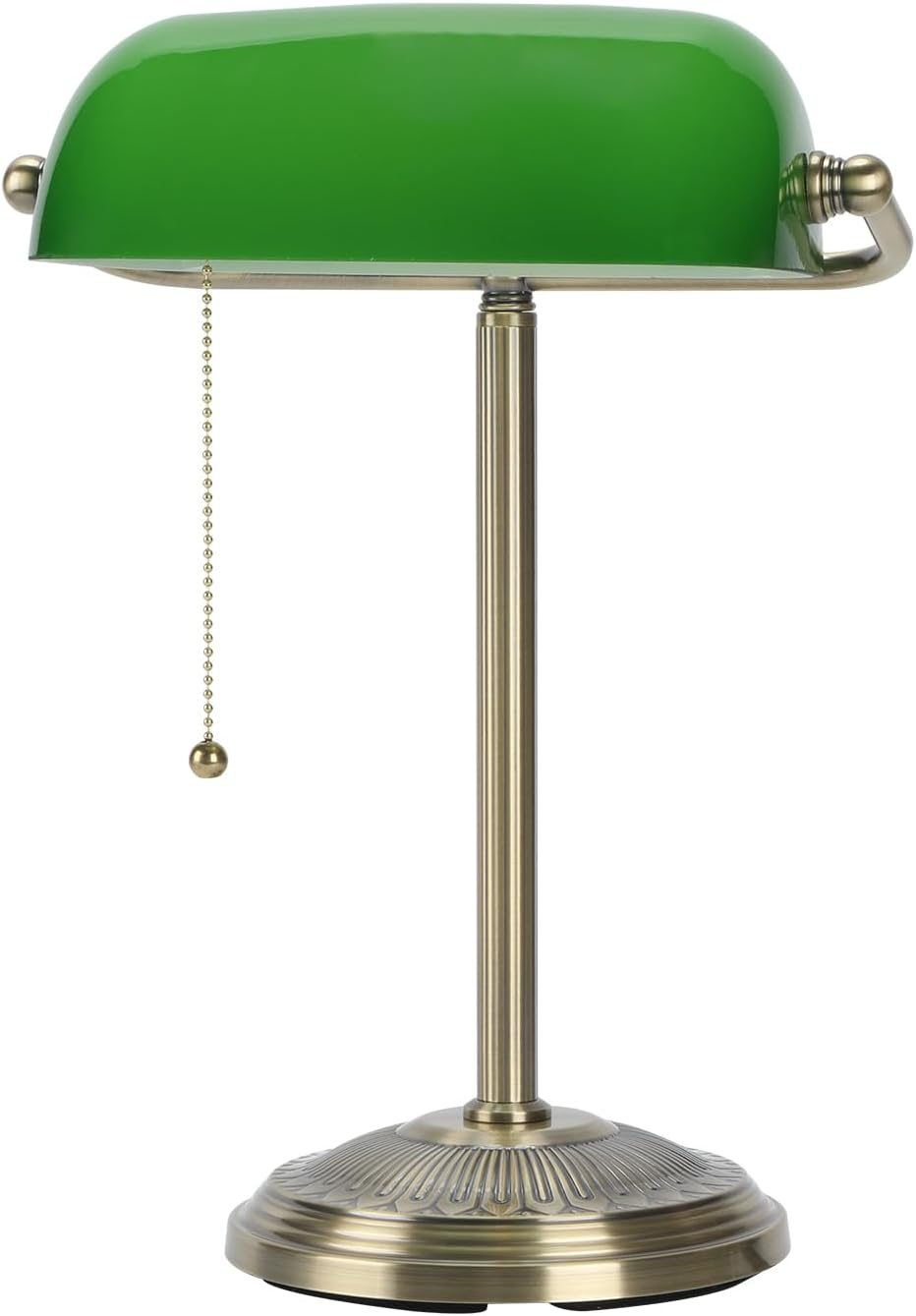 Bankers Lamp, Brass Finish with Pull Switch, Green Glass Shade