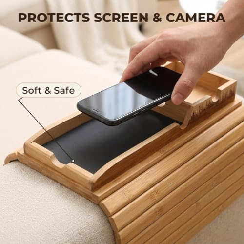 Bamboo Couch Armrest Table, 2-in-1 Foldable Sofa Arm Tray with Scratch-Free P...