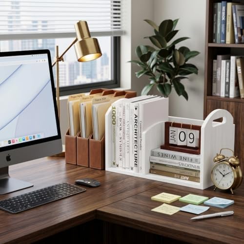 100% Solid Wood Adjustable Desktop Bookshelf, Retro Tabletop Book Shelf File ...
