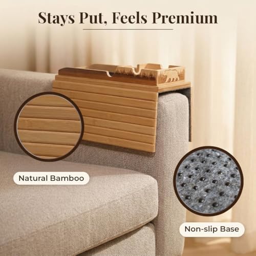 Bamboo Couch Armrest Table, 2-in-1 Foldable Sofa Arm Tray with Scratch-Free P...