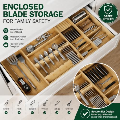 Bamboo Expandable Kitchen Drawer Organizer, 17.8-30 in,Natural