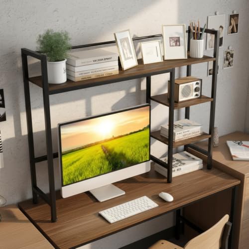 Tangkula 4-Tier Desktop Bookshelf, 38.5" Dorm Desk Hutch, Rustic Brown