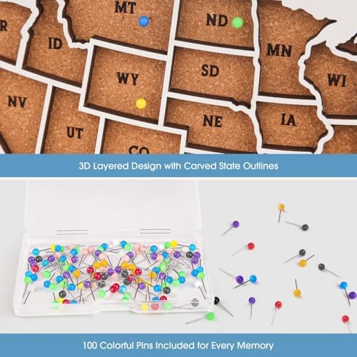 Luoyadee USA Cork Board Travel Map with 100 Push Pins & Display Stand