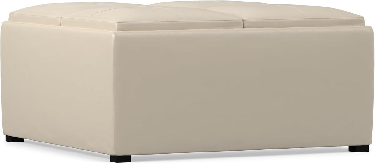 SIMPLIHOME Avalon 35" Wide Vegan Leather Square Storage Ottoman in Cream