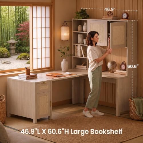 IDEALHOUSE L Shaped Desk with Storage, Computer Desk with Hutch, Wood