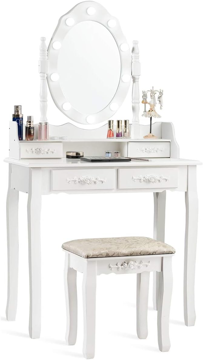 CHARMAID Makeup Vanity Table with 10 LED Lights, 4 Drawers, Storage Shelf, Ro...