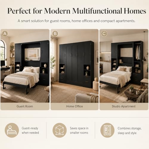 Queen Murphy Bed Cabinet with Desk & Storage, Wall Bed Cabinet Bed with C...