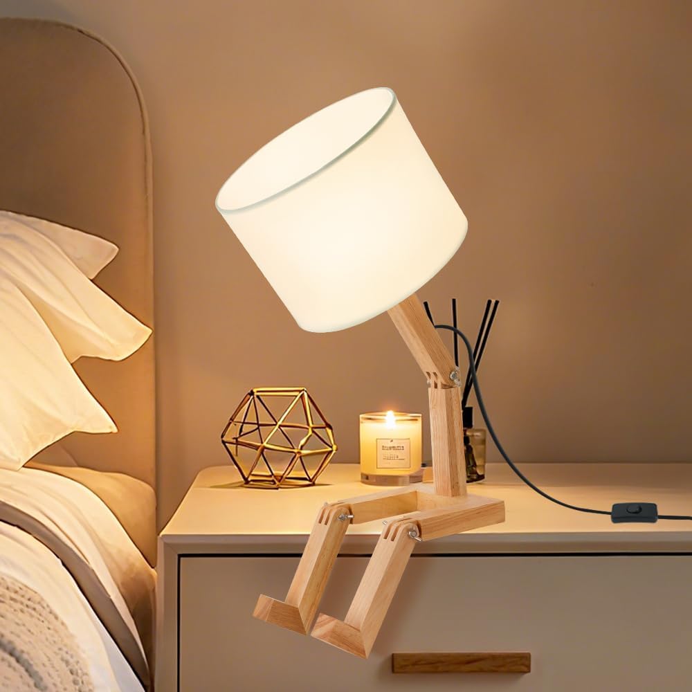 Robot Table Lamp,Cute Bedside Light,Adjustable Wood Arms and Legs,Cute Desk L...