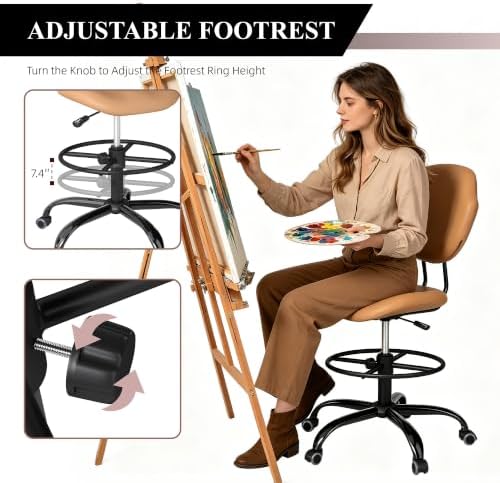 Drafting Chair with Back Support, Tall Desk Rolling Stool (Khaki, Set of 4)