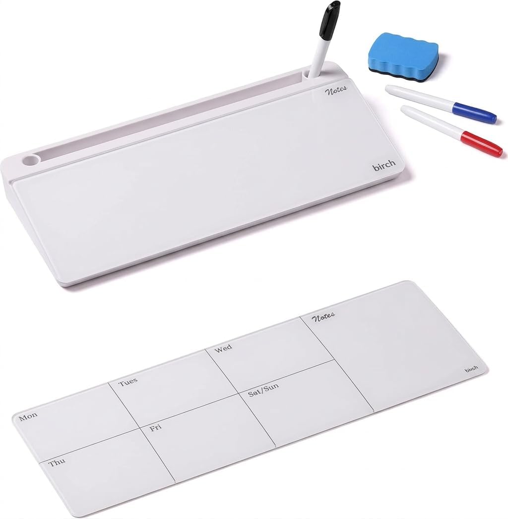Birch Desktop Glass Whiteboard with Magnetic Weekly Calendar – Dry Erase Boar...