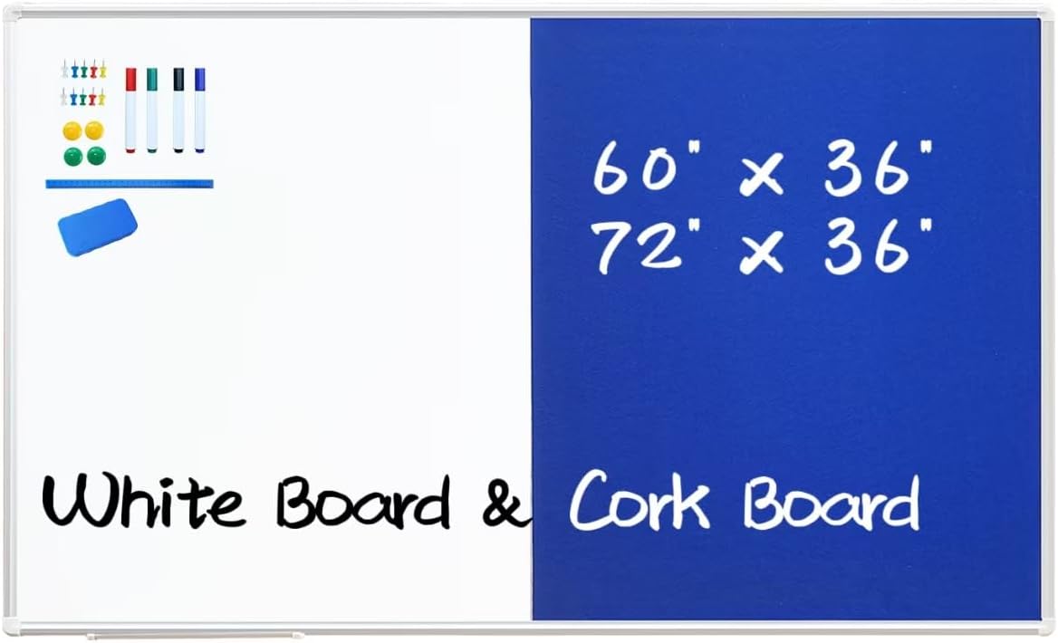 DEVELOP Large Magnetic White Board & Blue Cork Board Combo, 36 x 60 Inch ...