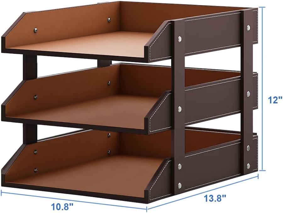 3 Tier Leather Magazine File Holder, Thipoten Paper Tray Organizer Desk Docum...