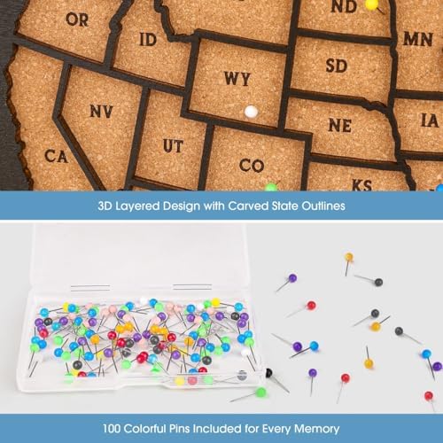 Luoyadee USA Cork Board Travel Map with 100 Push Pins & Display Stand