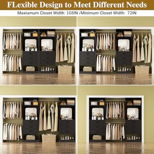 Unikito 6-14FT Wood Closet System with 6 Drawers and Mirror, Black