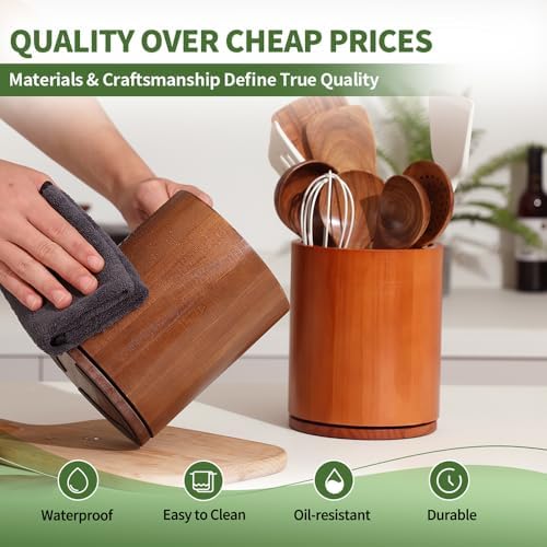 Walnut Utensil Holder, 360° Rotating 7.3 in Kitchen Organizer