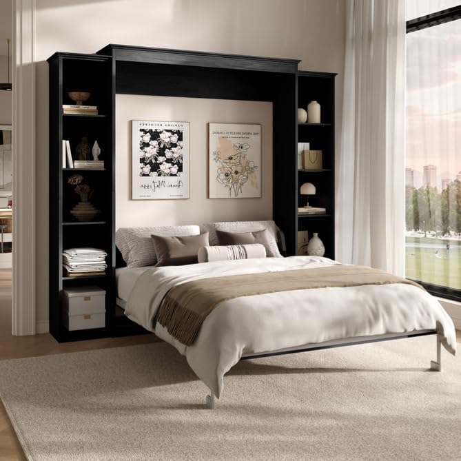 Rophefx Queen Murphy Bed Cabinet with 5-Tier Shelves, Wall Bed,Black Gray