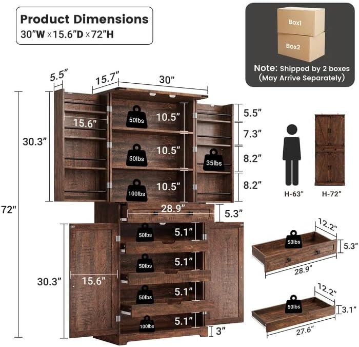 ELYKEN 72" Kitchen Pantry Storage Cabinet with Drawer, 3 Pull Out Shelves