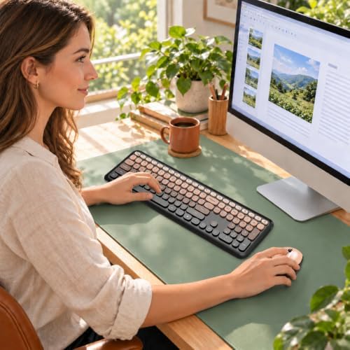 Wireless Keyboard and Mouse Combo, Colorful Ergonomic Full Size Retro Low-Noi...