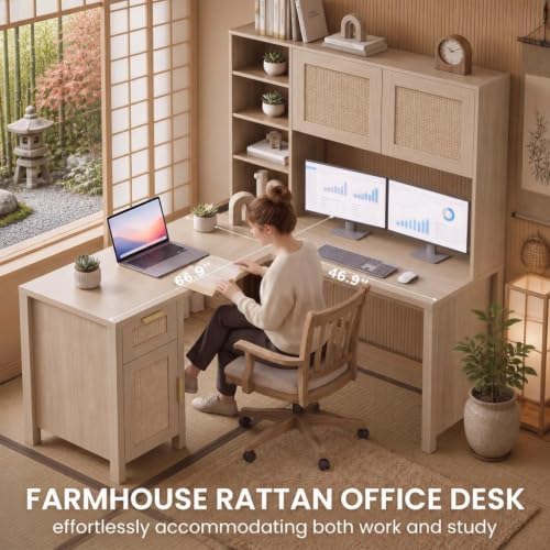 IDEALHOUSE L Shaped Desk with Storage, Computer Desk with Hutch, Wood